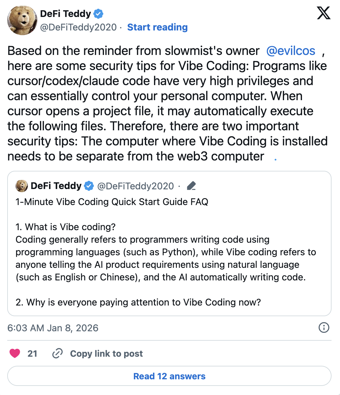 Web3 researcher Teddy recommended that users use separate devices for vibe coding and cryptocurrency storage