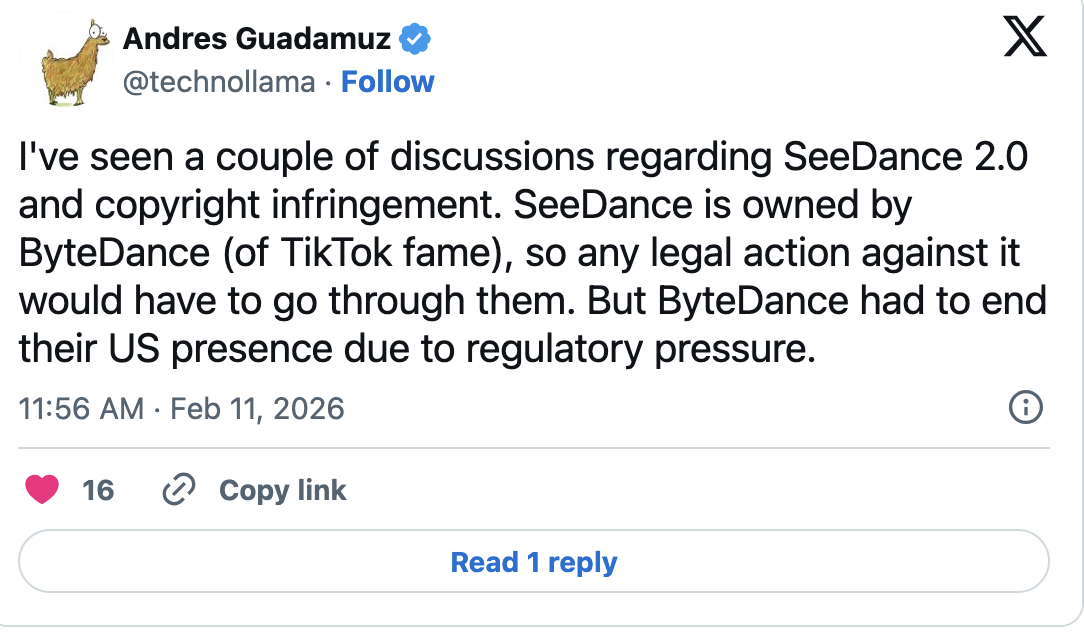 I've seen a couple of discussions regarding SeeDance 2.0 and copyright infringement
