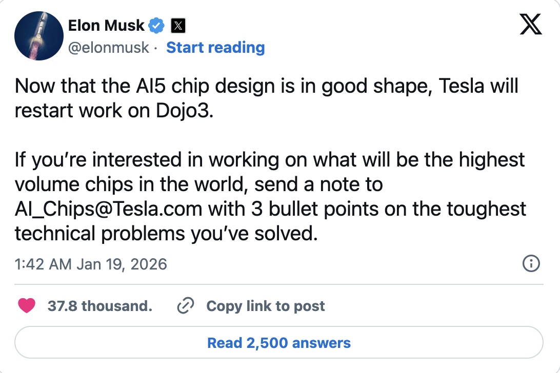 Ahora que el diseño del chip AI5 está bien encaminado, Tesla reanudará el trabajo en Dojo3.