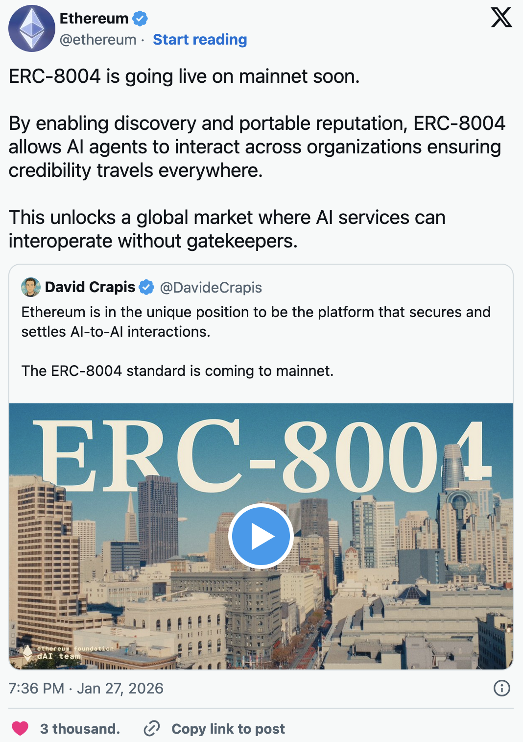 The Ethereum mainnet is planning an ERC-8004 upgrade that will allow AI agents to interact with organizations.