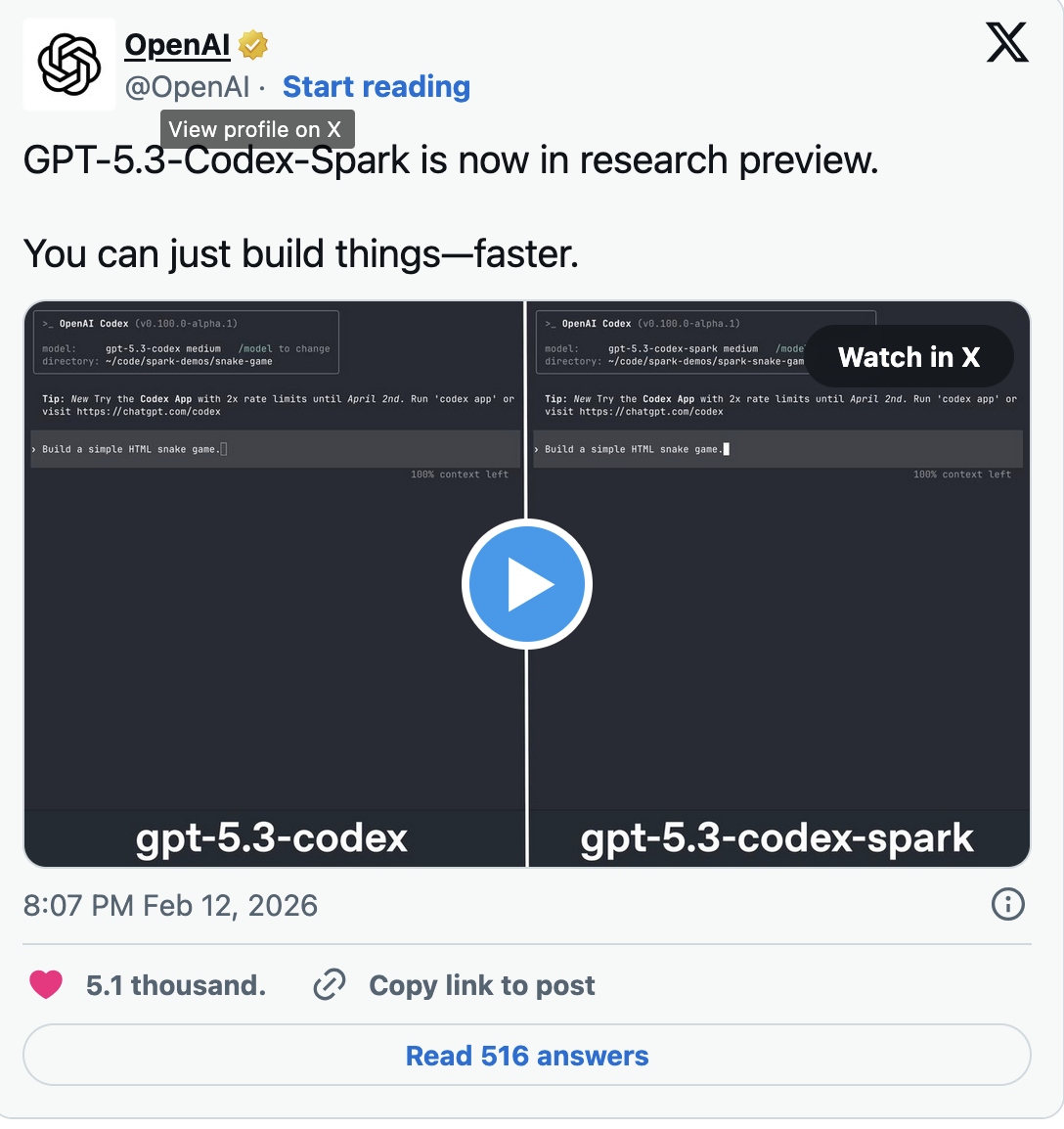 GPT-5.3-Codex-Spark is now in research preview.
