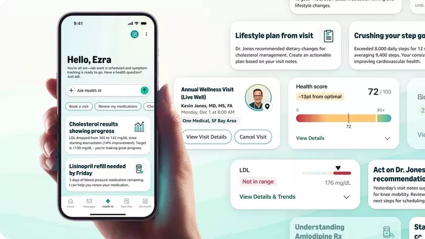 The One Medical app interface with personalized health data. Source: Amazon 