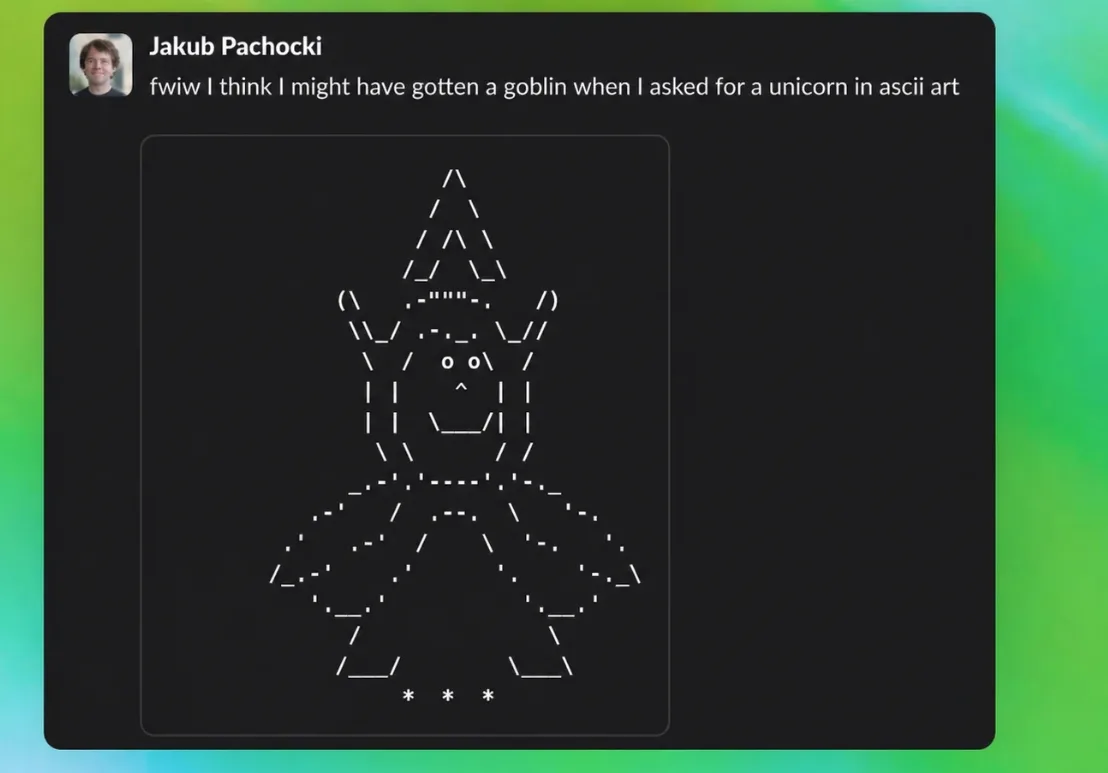 OpenAI chief researcher Jakub Pachocki asked GPT-5.5 for a unicorn in ASCII art — and received something that looked more like a goblin instead. | Image: OpenAI