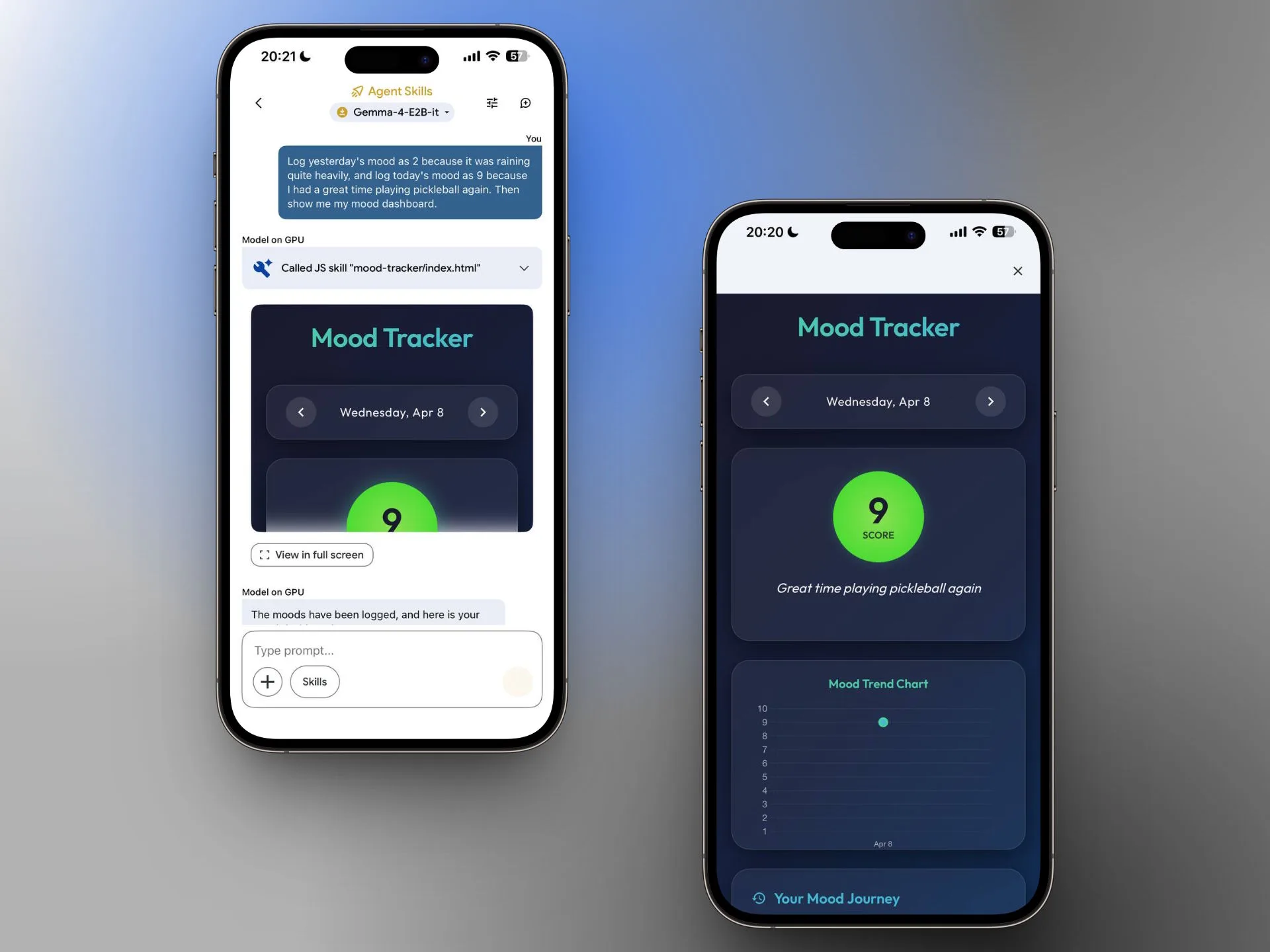 Gemma 4 recognizes the intent behind the input and independently calls the appropriate skill — in this case, a mood tracker with a history chart.