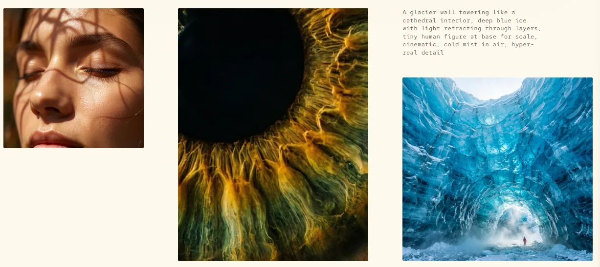 MAI-Image-2 produces photorealistic images with natural light and fine detail, including a portrait, a macro eye shot, and a glacier cave scene. | Source: Microsoft