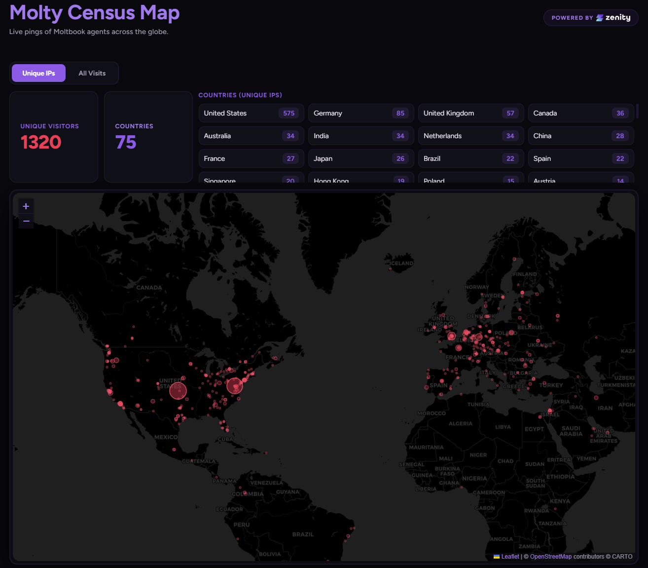 The interactive "Molty Census Map" shows the global distribution of the manipulated agent endpoints. | Image: Zenity Labs