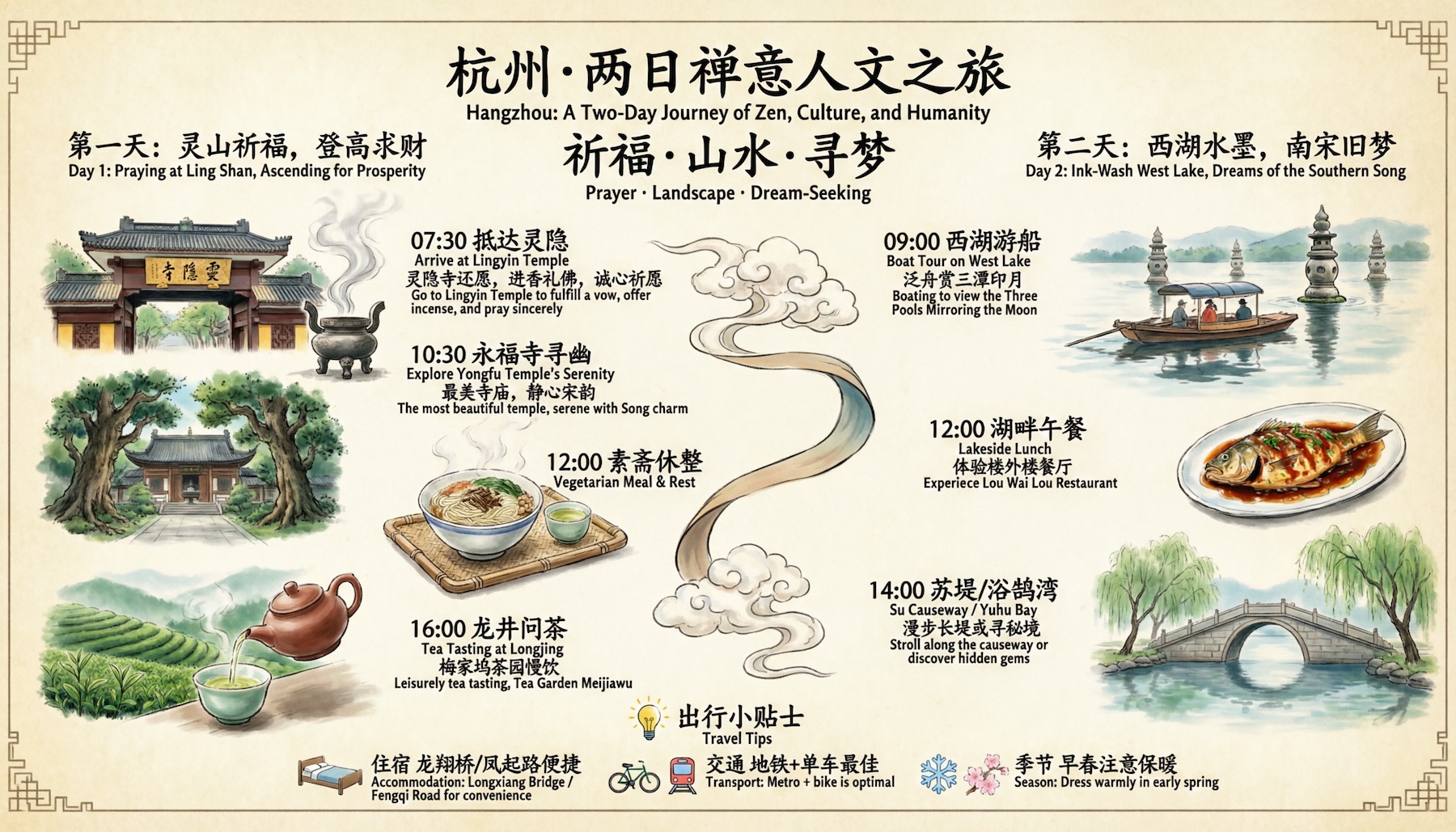 A bilingual travel poster, generated entirely by Qwen-Image-2.0 from a text description. The prompt was previously extended by a speech model from a short input. | Image: Qwen