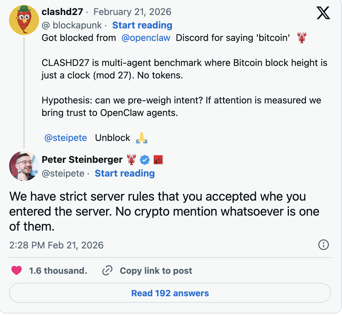 Got blocked from @openclaw  Discord for saying 'bitcoin' 🦞