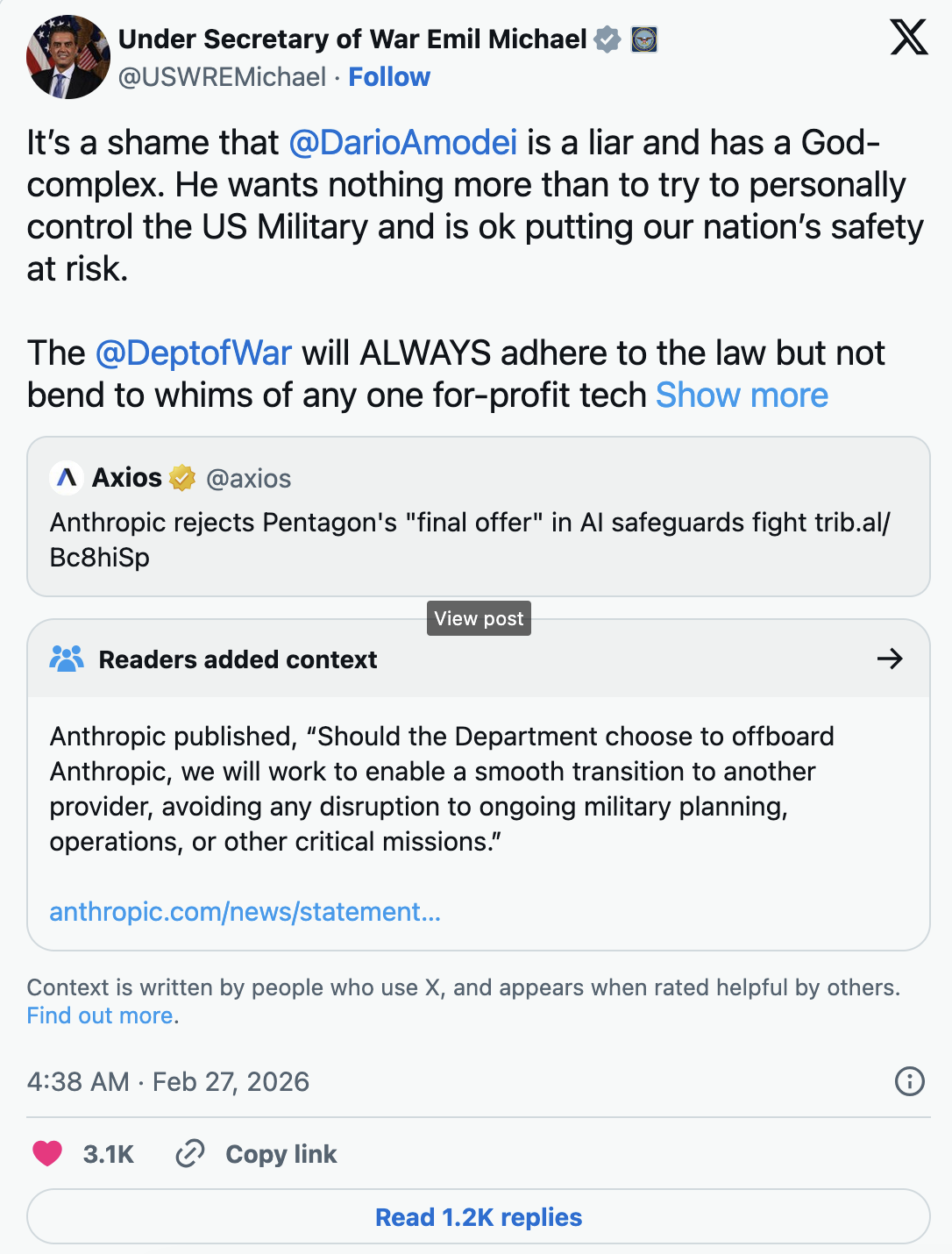 Michael llamó al CEO de Anthropic un 'mentiroso' con un 'complejo de dios' en X