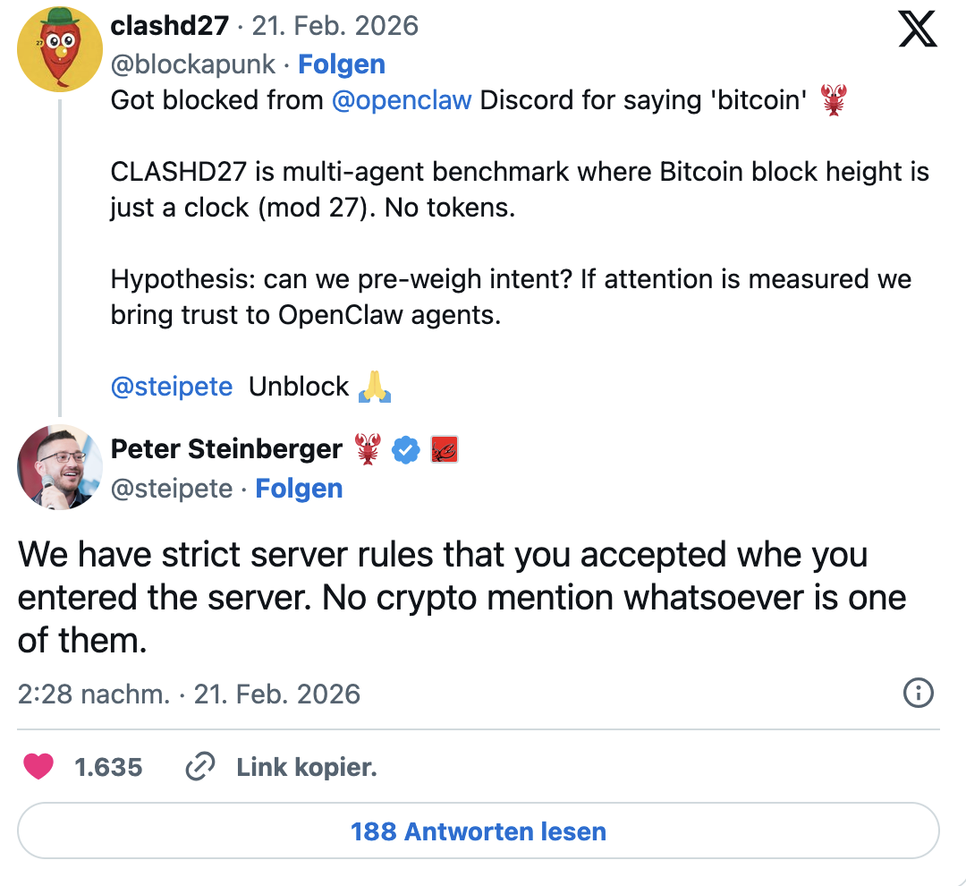 CLASHD27 is a multi-agent benchmark in which Bitcoin block height is determined only by time (mod 27). Tokens are not used. X