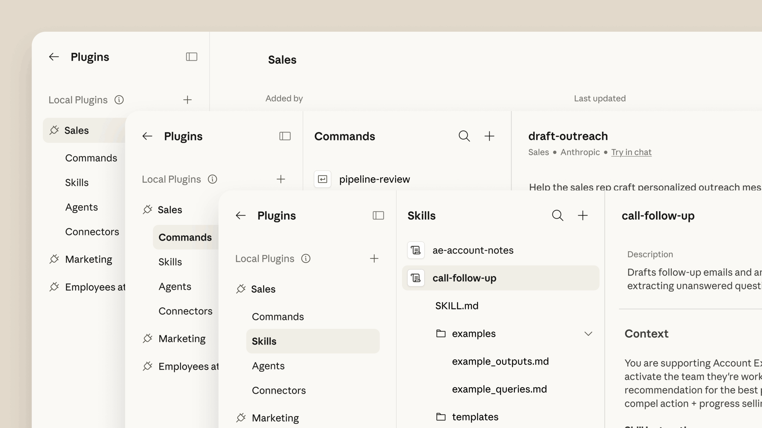 La gestión de plugins permite a los equipos organizar habilidades, comandos, agentes y conectores por departamento, como ventas o marketing. | Imagen: Anthropic