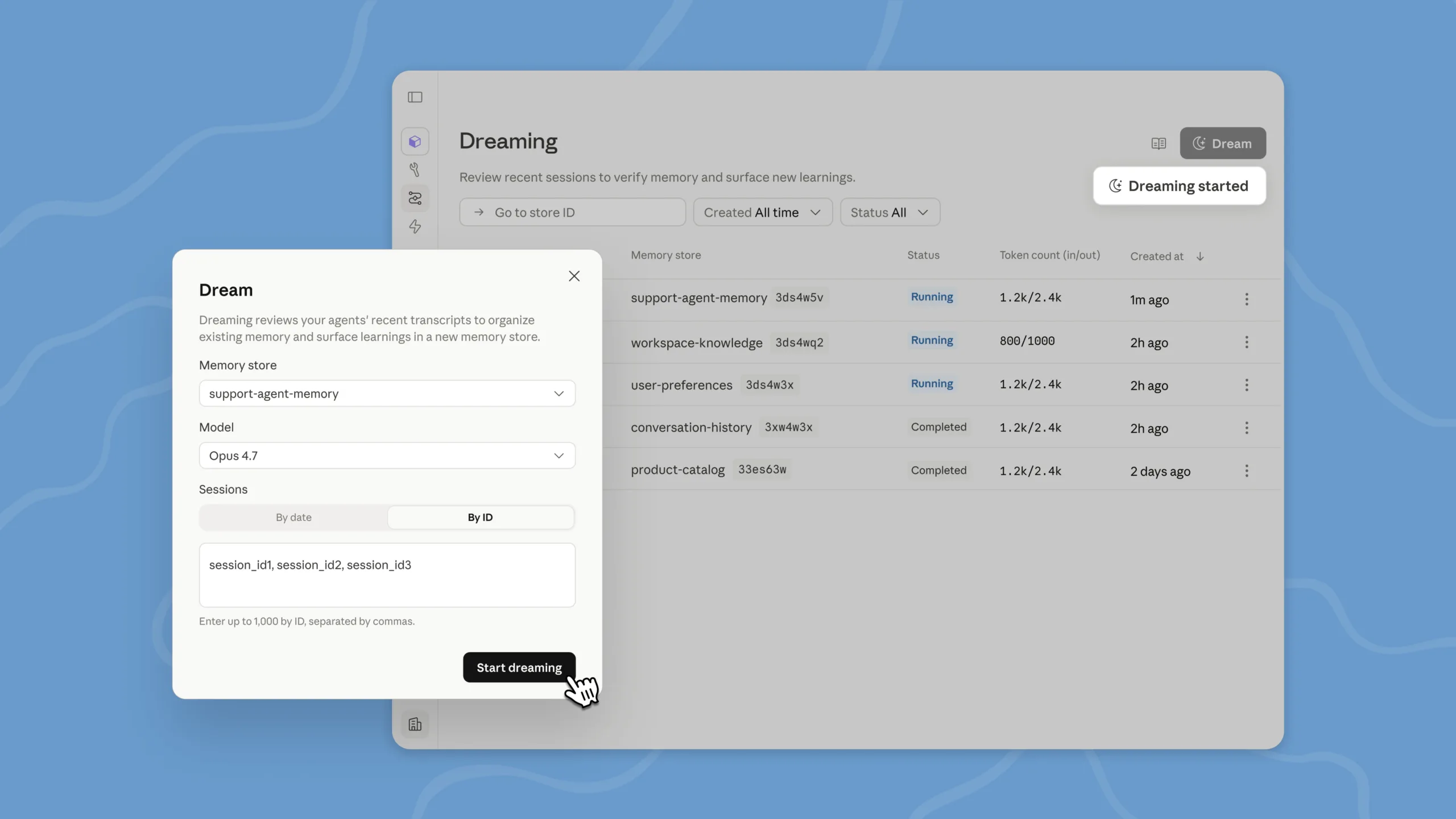 The Dreaming interface in the Claude Console: Users select a memory store and a model, specify sessions, and start the process. | Image: Anthropic